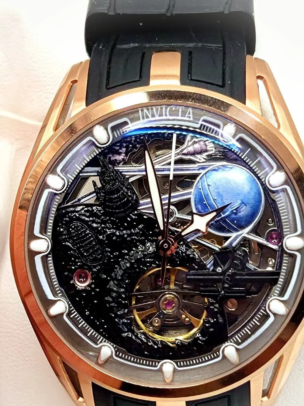 Invicta Rose Gold Space-Themed Mechanical Watch with Black Strap